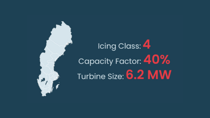 Map of Sweden indicating a wind farm with icing losses who could use ice protection to improve AEP and generate ROI