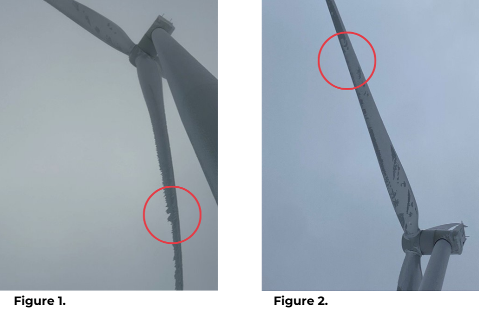 Figure 1. A wind turbine experiencing heavy icing on one blade experiencing tower oscillations that shut down the turbine. Figure 2 shows the same turbine blade 24 hours after installing an anti-icing system. Over a foot of ice melted off the blade and the turbine has resumed normal operation.